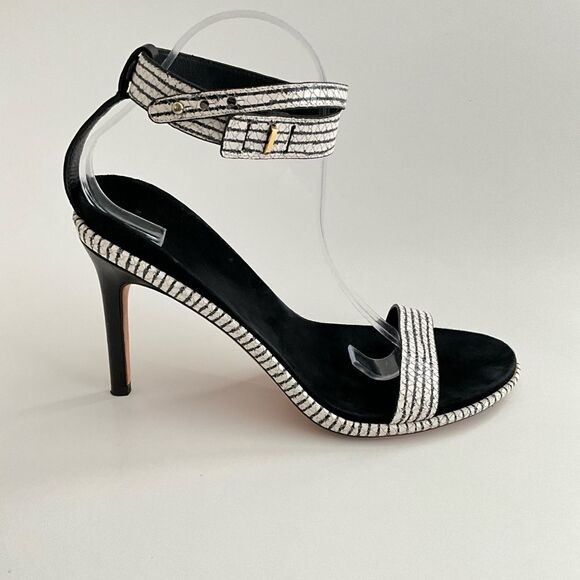 Cole Haan Leather Cyro Striped Snake Embossed Heeled Sandals Black White 10 - Picture 2 of 12